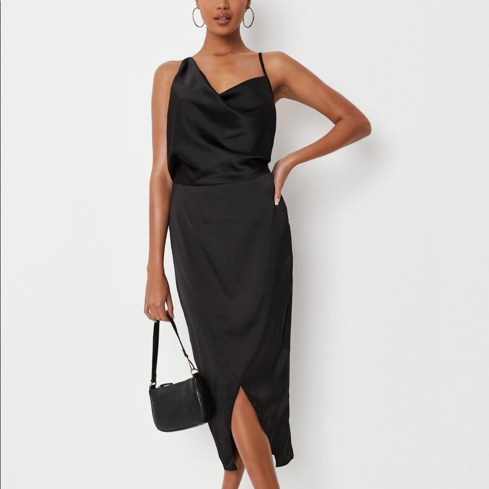 Black Satin Drape Asymmetric Strap Midi Dress